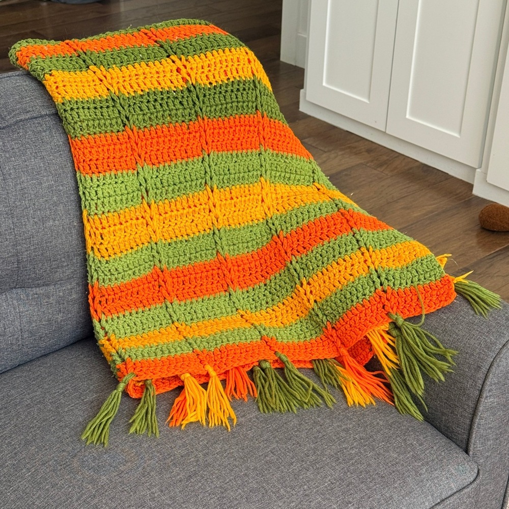 Vintage Handmade Crochet Throw Blanket Fringe‎ Boho Orange Green Yellow Afghan